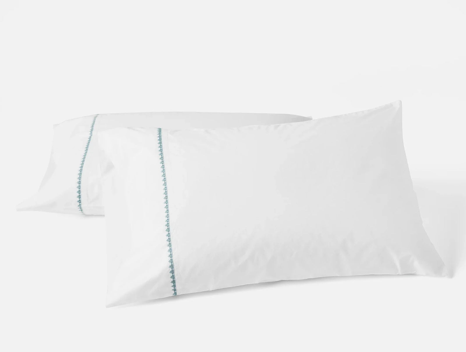 Coyuchi Pillowcase Set - King Alpine White w Pacific Blue Floret Embroidered Organic Percale Sheet Set