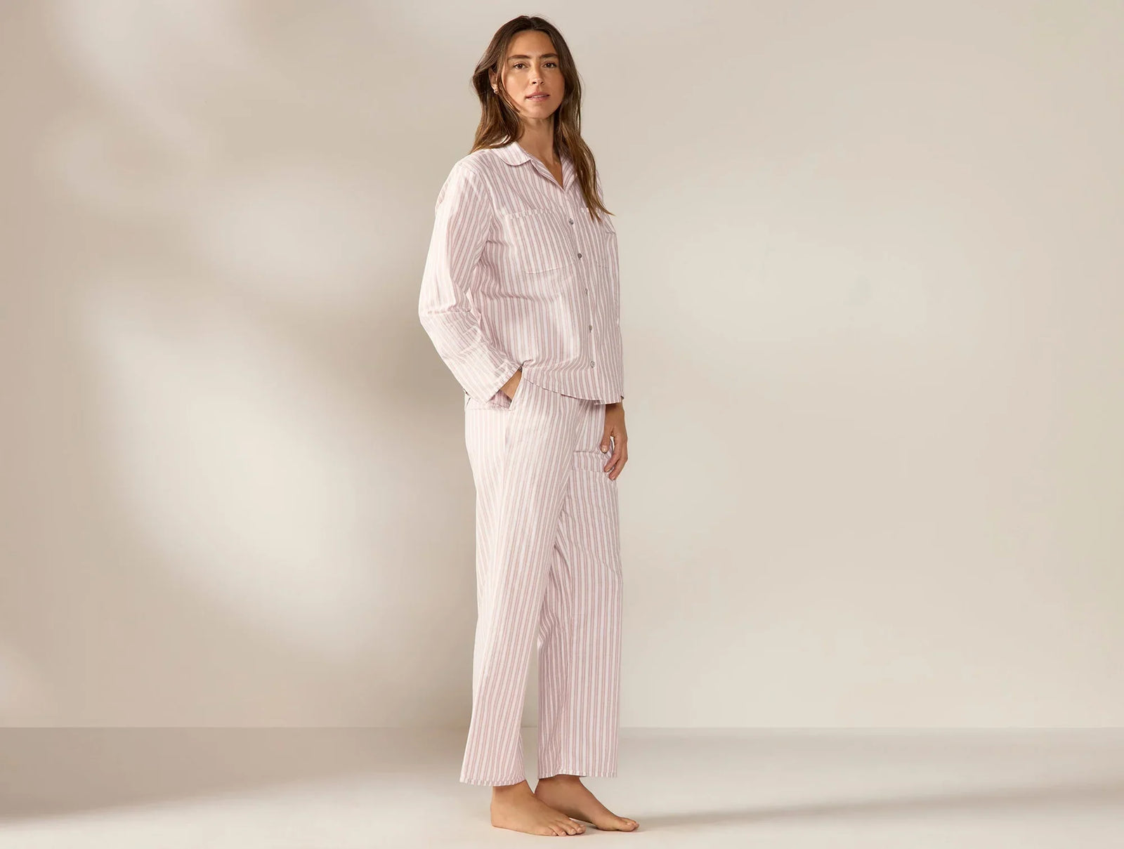 Coyuchi Medium Praline Stripe Women's Isla Organic Cotton Long Sleeve Pajama Set