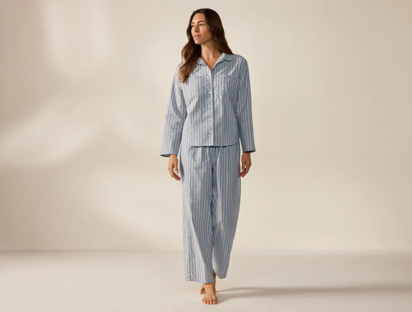 Coyuchi Medium Indigo Stripe Women's Isla Organic Cotton Long Sleeve Pajama Set