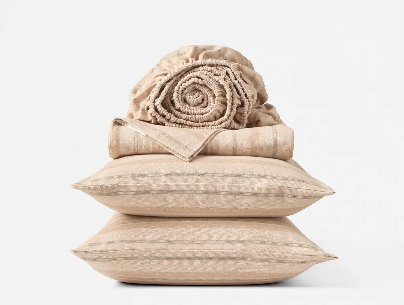 Coyuchi Queen Fawn Ribbon Stripe Cloud Brushed Organic Flannel Sheet Set