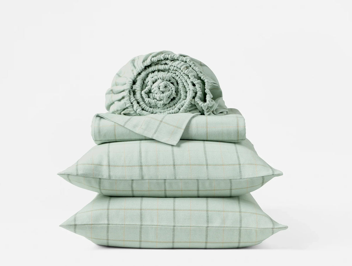 Coyuchi Cal King Seafoam Windowpane Cloud Brushed Organic Flannel Sheet Set