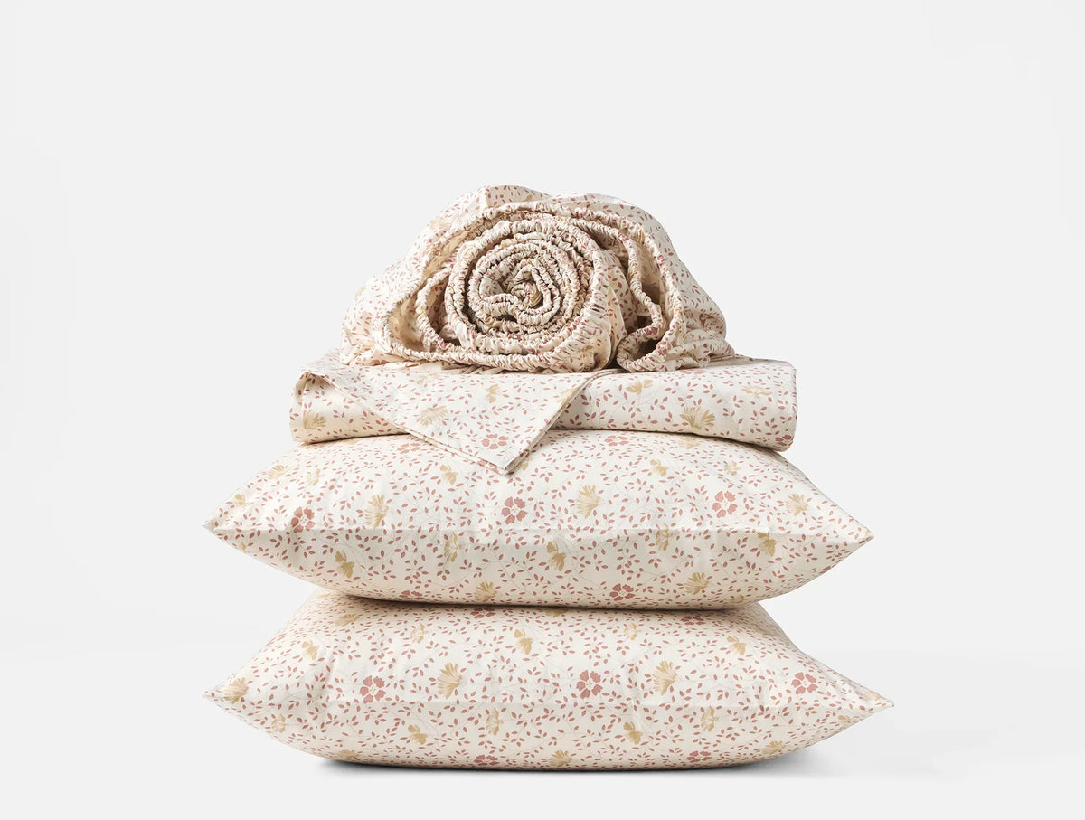 Coyuchi Full Praline Meadow Organic Print Percale Sheet Set