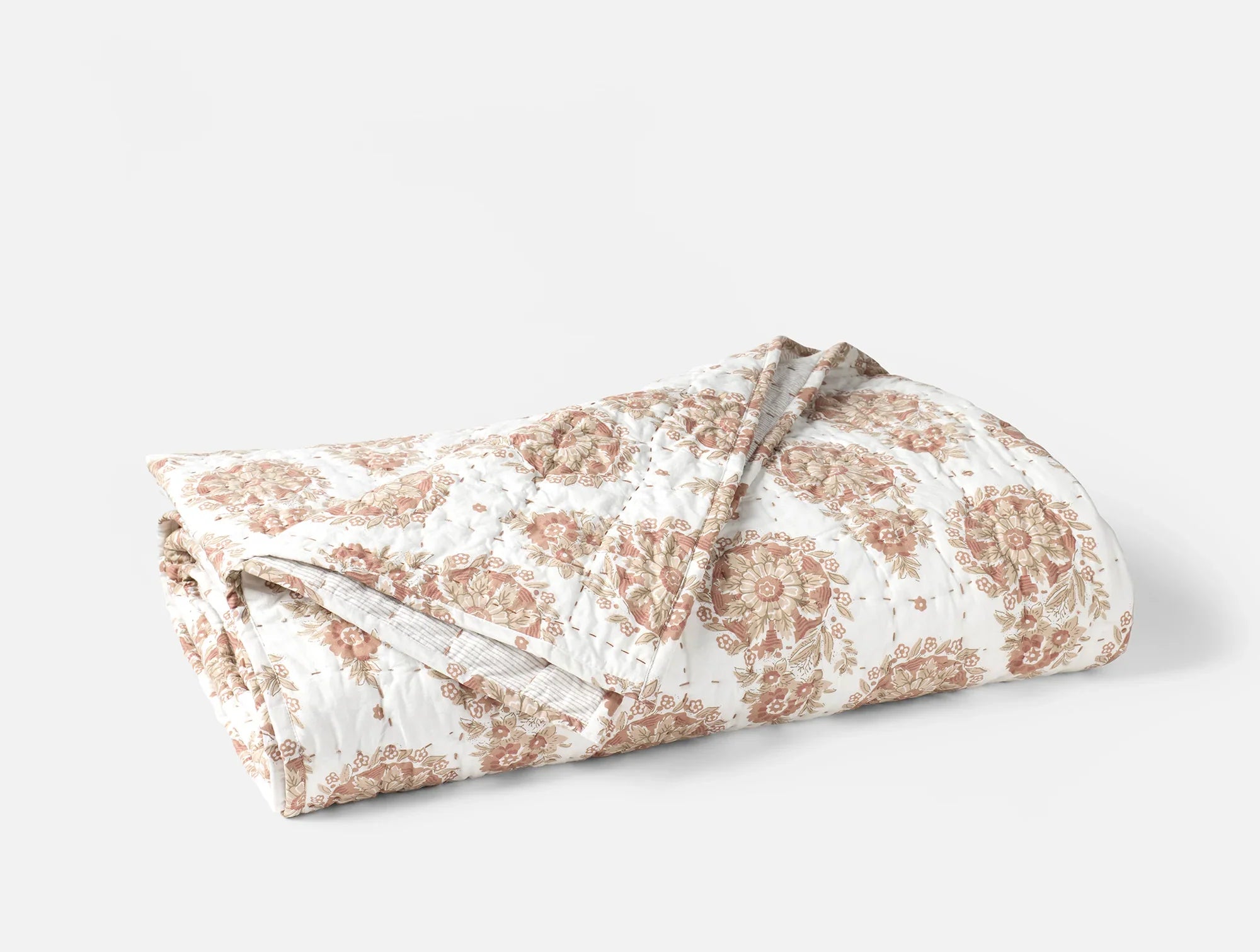 Coyuchi Full Queen Praline Flores Handstitched Organic Quilt