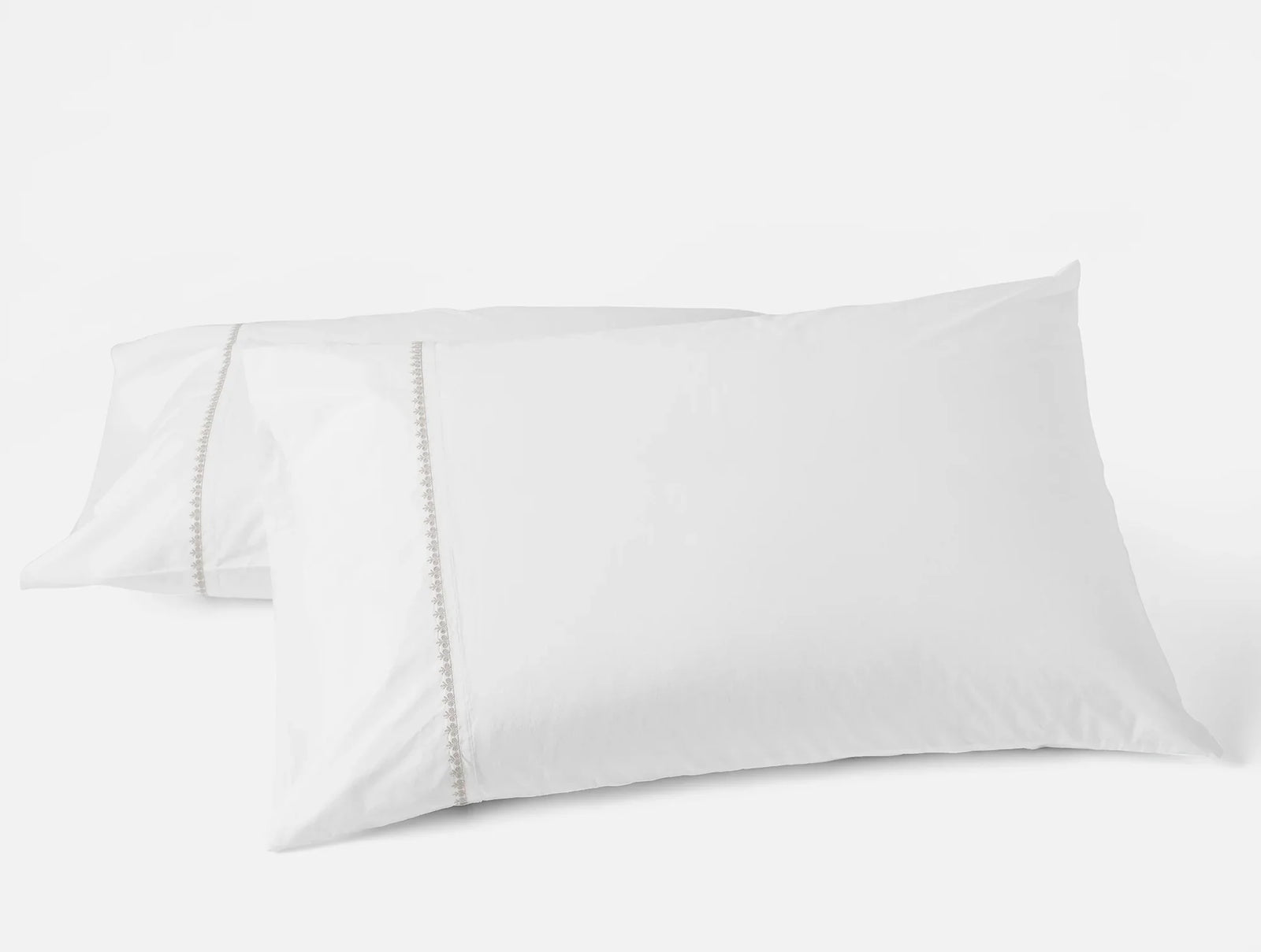 Coyuchi Pillowcase Set - Standard Queen Alpine White w Stone Floret Embroidered Organic Percale Sheet Set