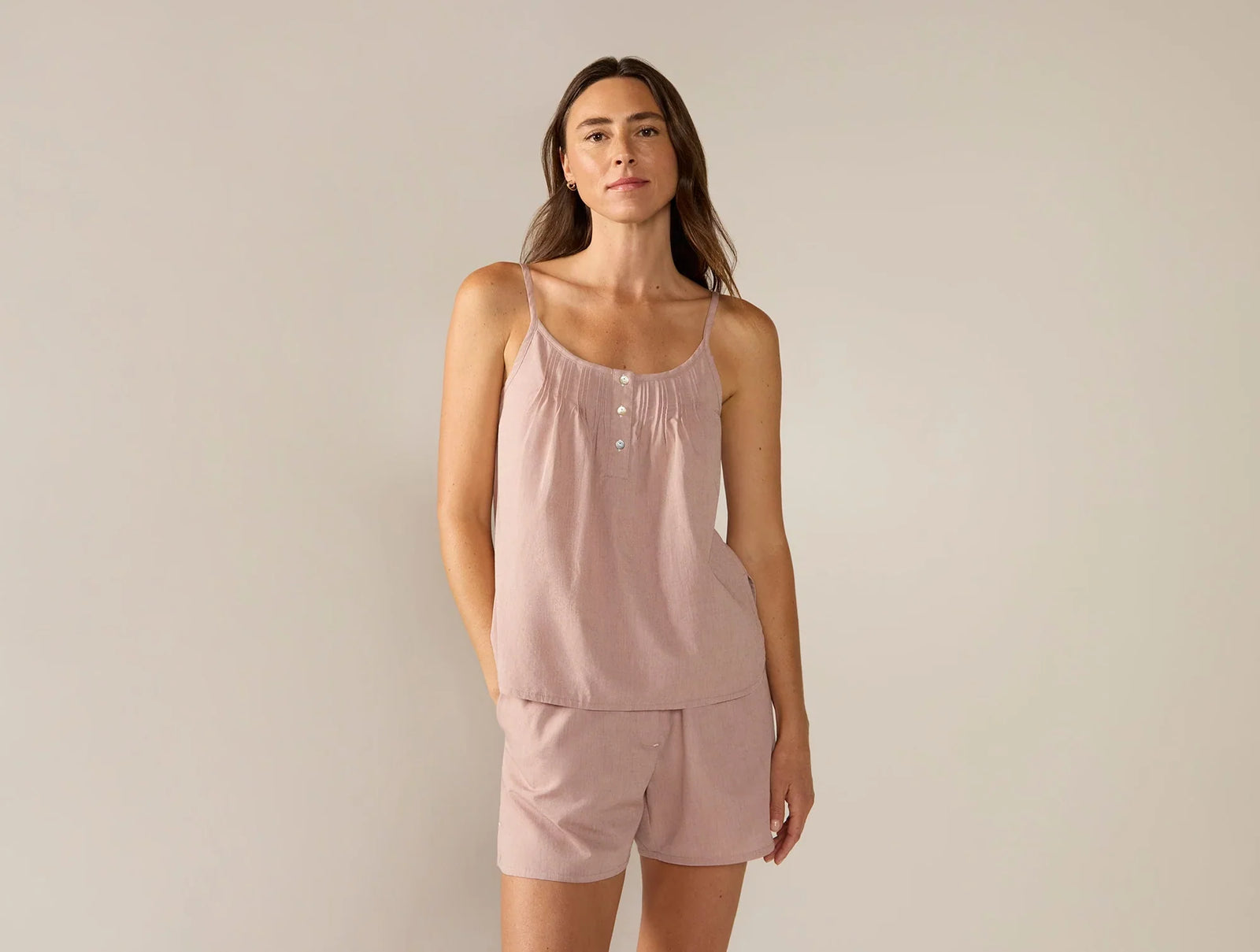 Coyuchi Medium Praline Chambray Women's Isla Organic Cotton Cami Short Set
