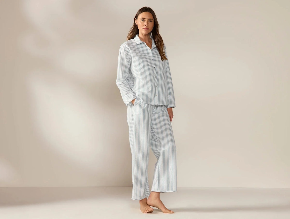 Coyuchi Small Pacific Blue Stripe Women's Isla Organic Cotton Long Sleeve Pajama Set