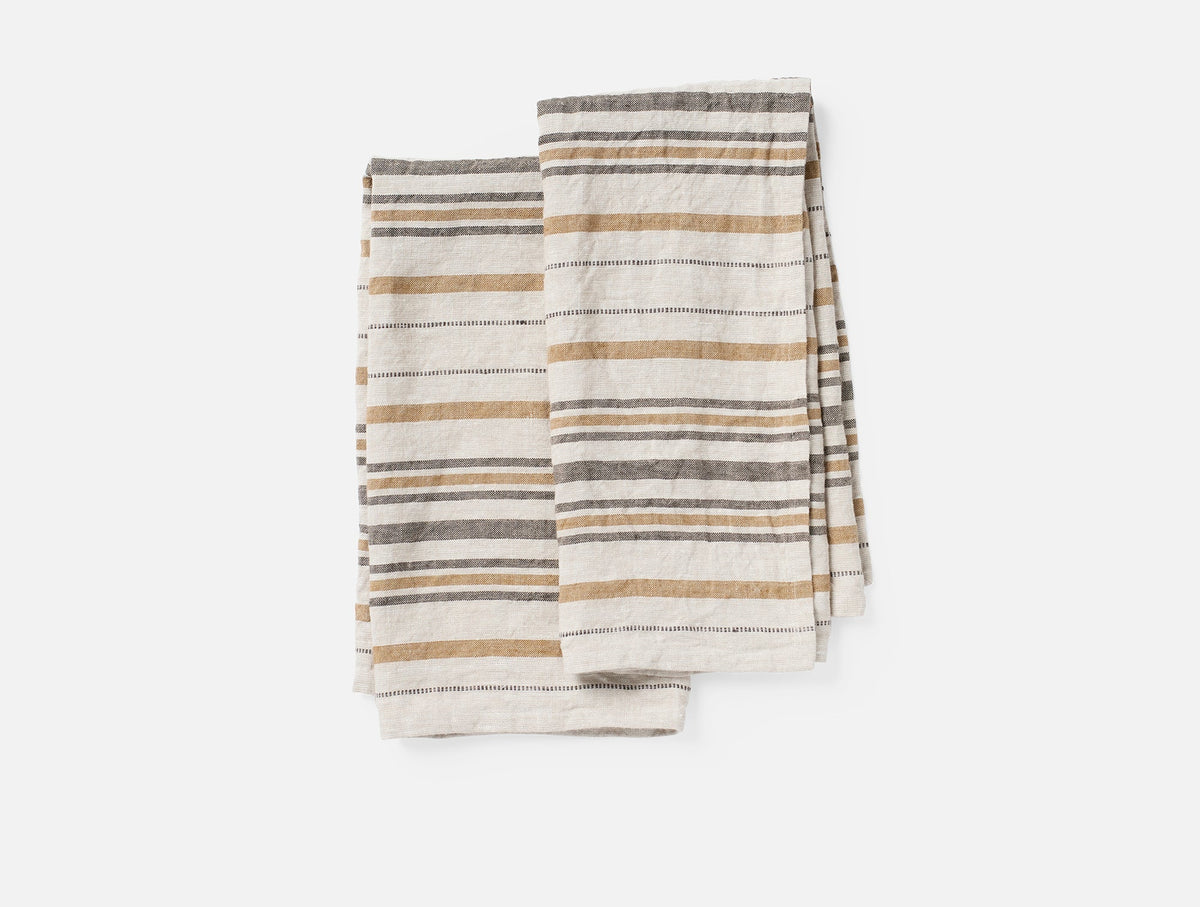 Coyuchi Khaki Espresso Stripe Mojave Organic Kitchen Towels, Set of 2