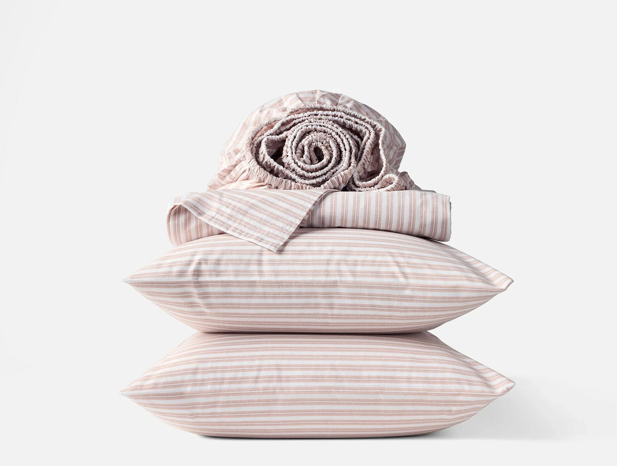 Coyuchi Full Praline Stripe Organic Crinkled Percale Sheet Set