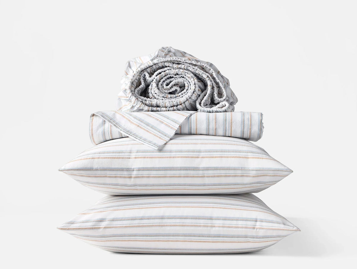 Coyuchi Queen Surf Stripe Organic Crinkled Percale Sheet Set