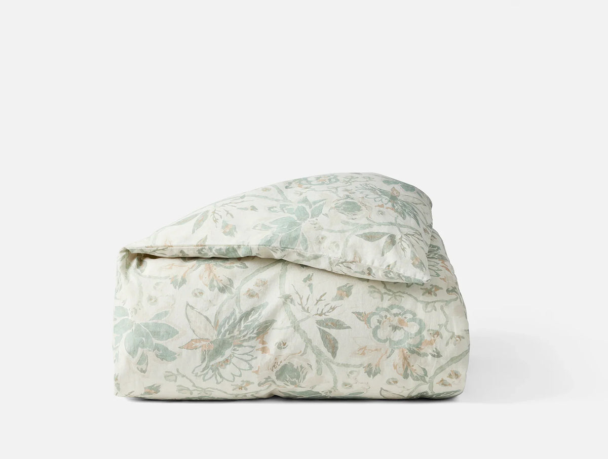 Coyuchi Full Queen Natural w Sage Sea Bloom Print Duvet Cover