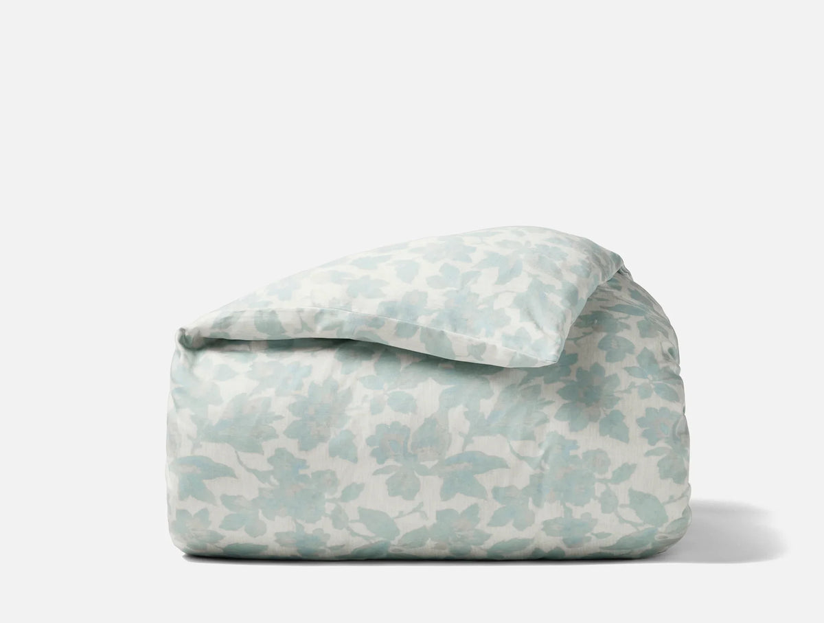 Coyuchi Full Queen Celadon Camellia Organic Print Duvet Cover