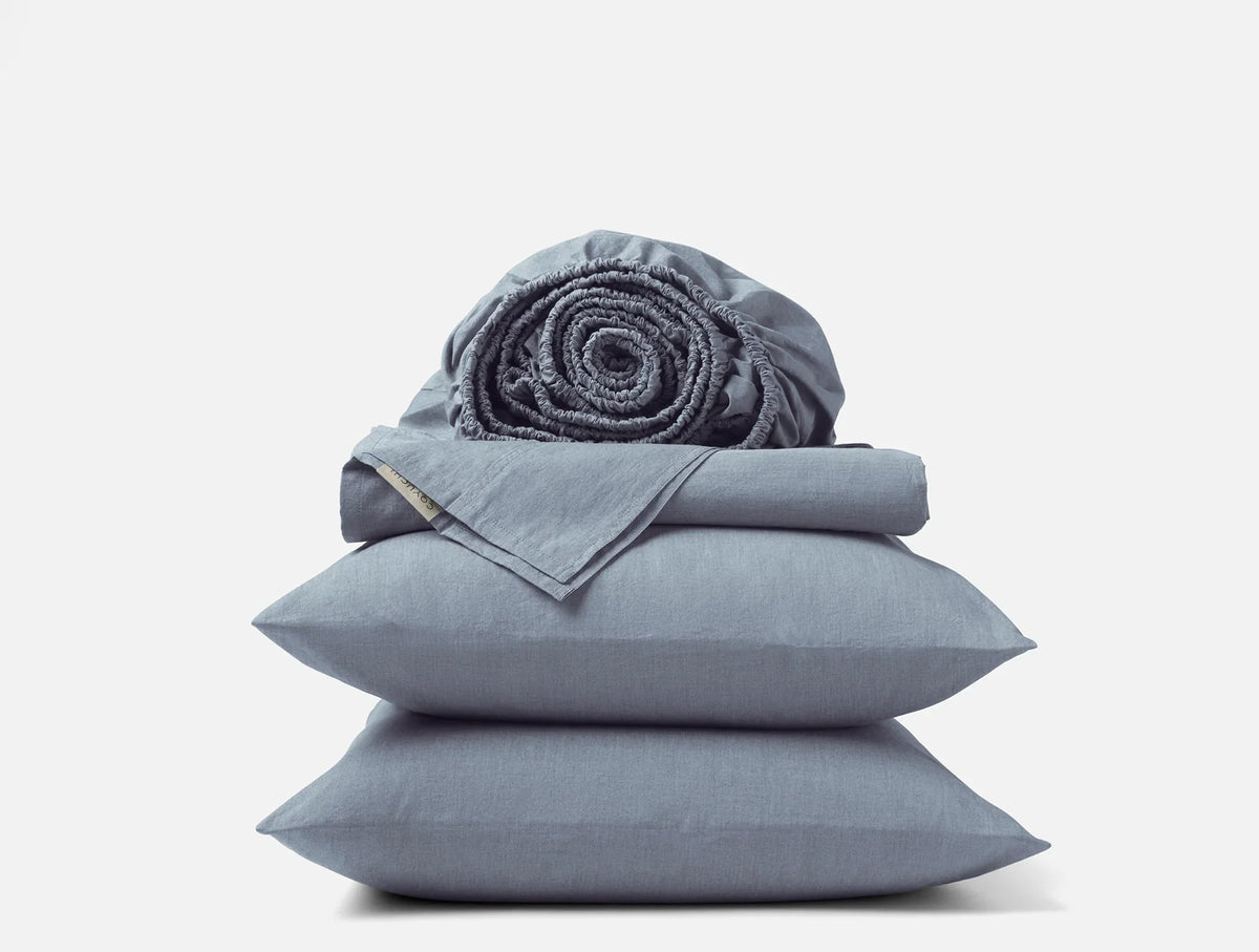 Coyuchi Twin Indigo Chambray Organic Crinkled Percale Sheet Set