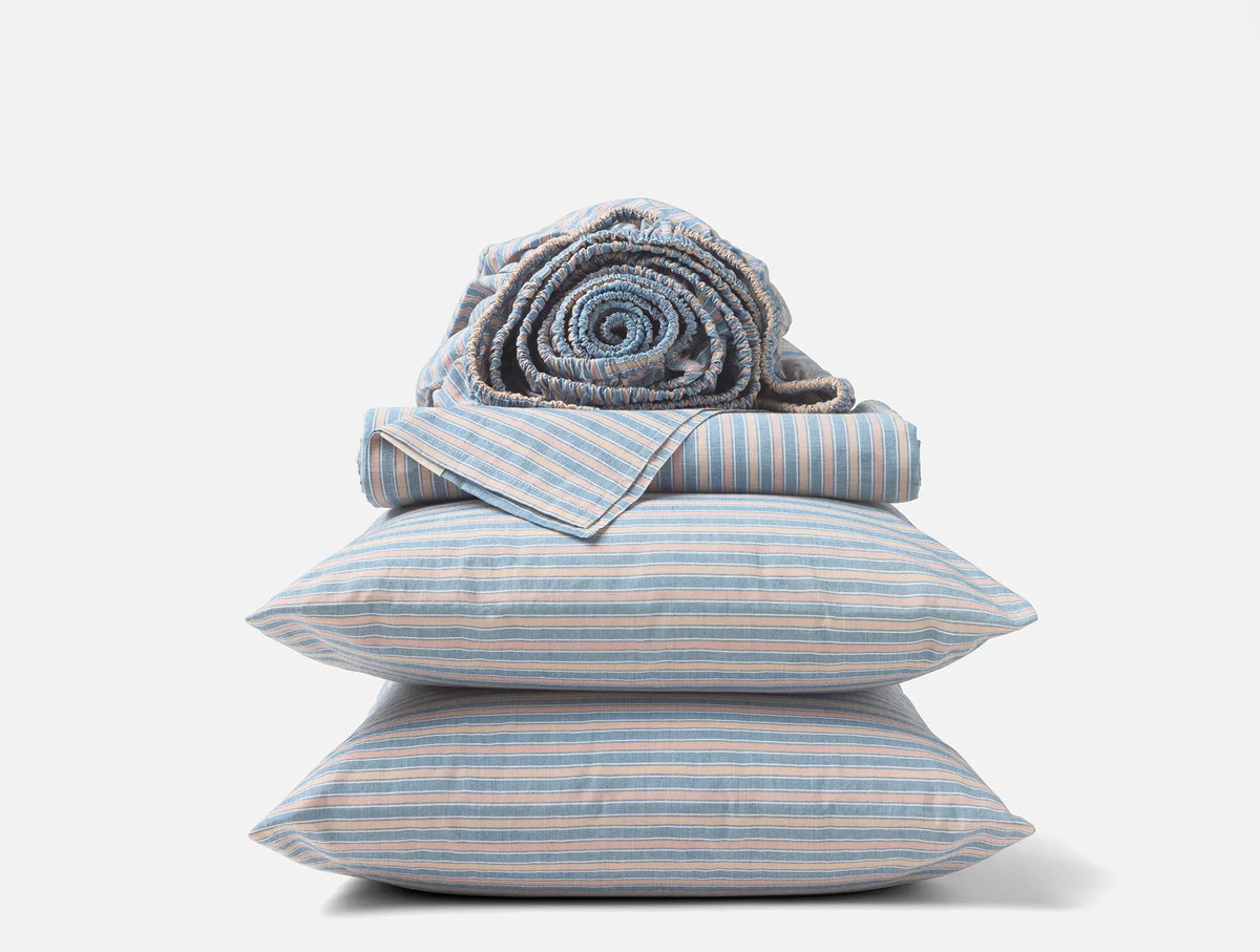 Coyuchi King Indigo Stripe Organic Crinkled Percale Sheet Set