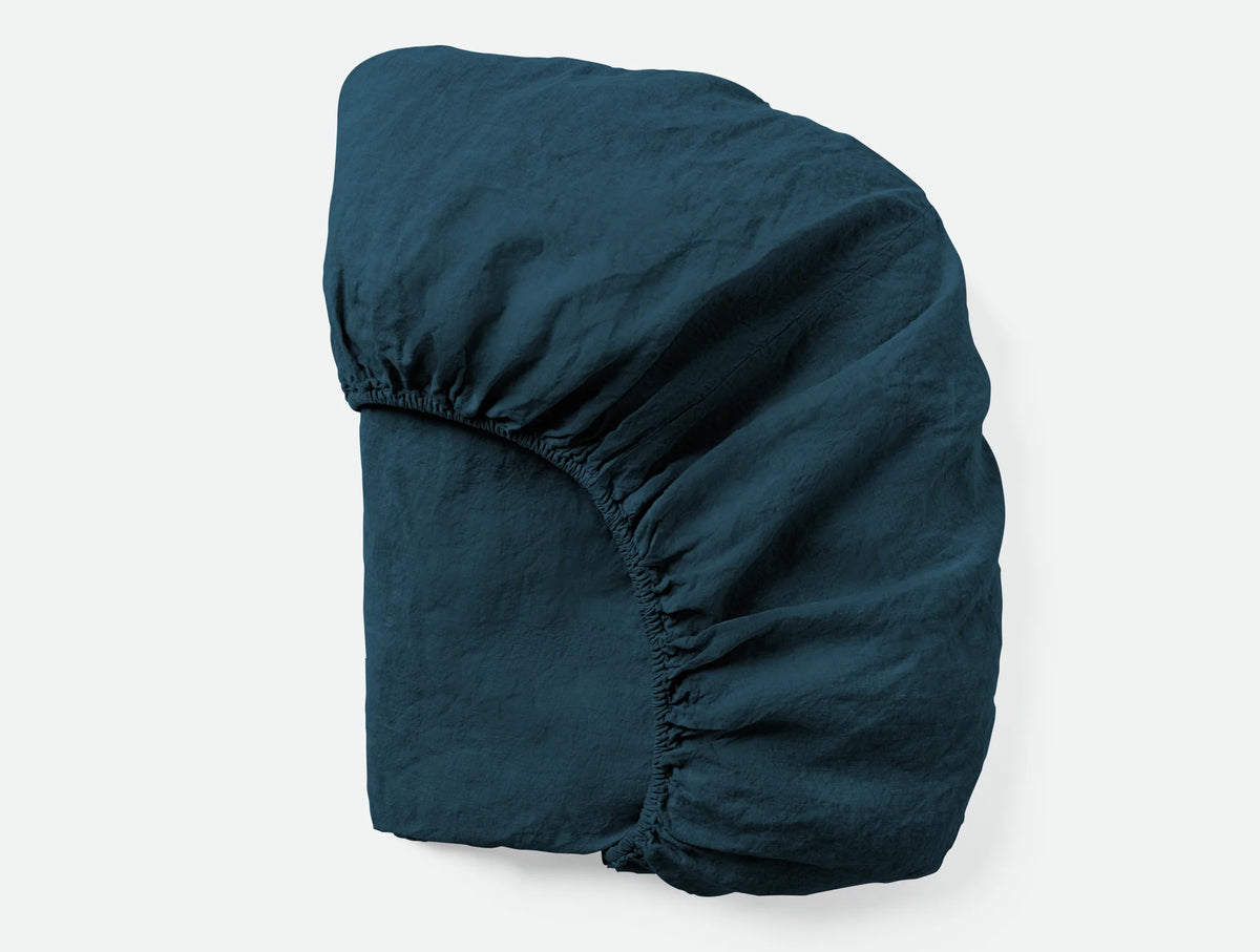 Coyuchi Queen Midnight Indigo Organic Relaxed Linen Fitted Sheet