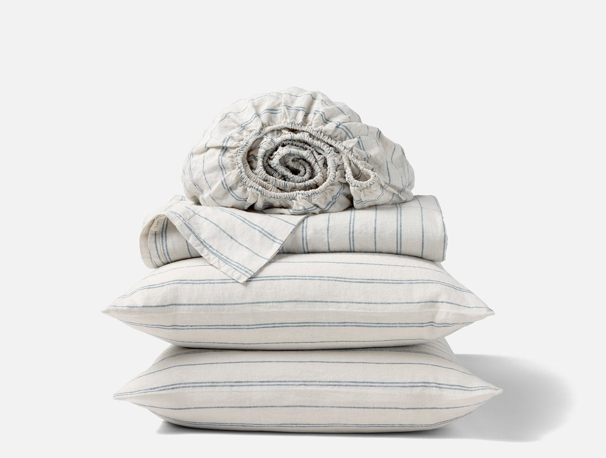 Coyuchi Fog Chambray Indigo Stripe Organic Relaxed Linen Sheet Set