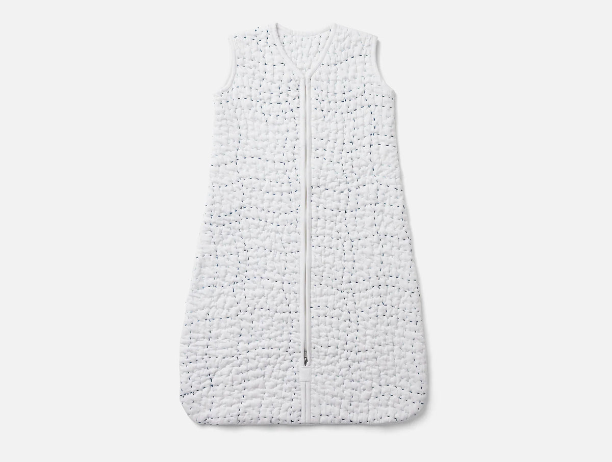 Coyuchi Alpine White w Indigo 6-12 Months Pebbled Handstitched Organic Snuggle Sack
