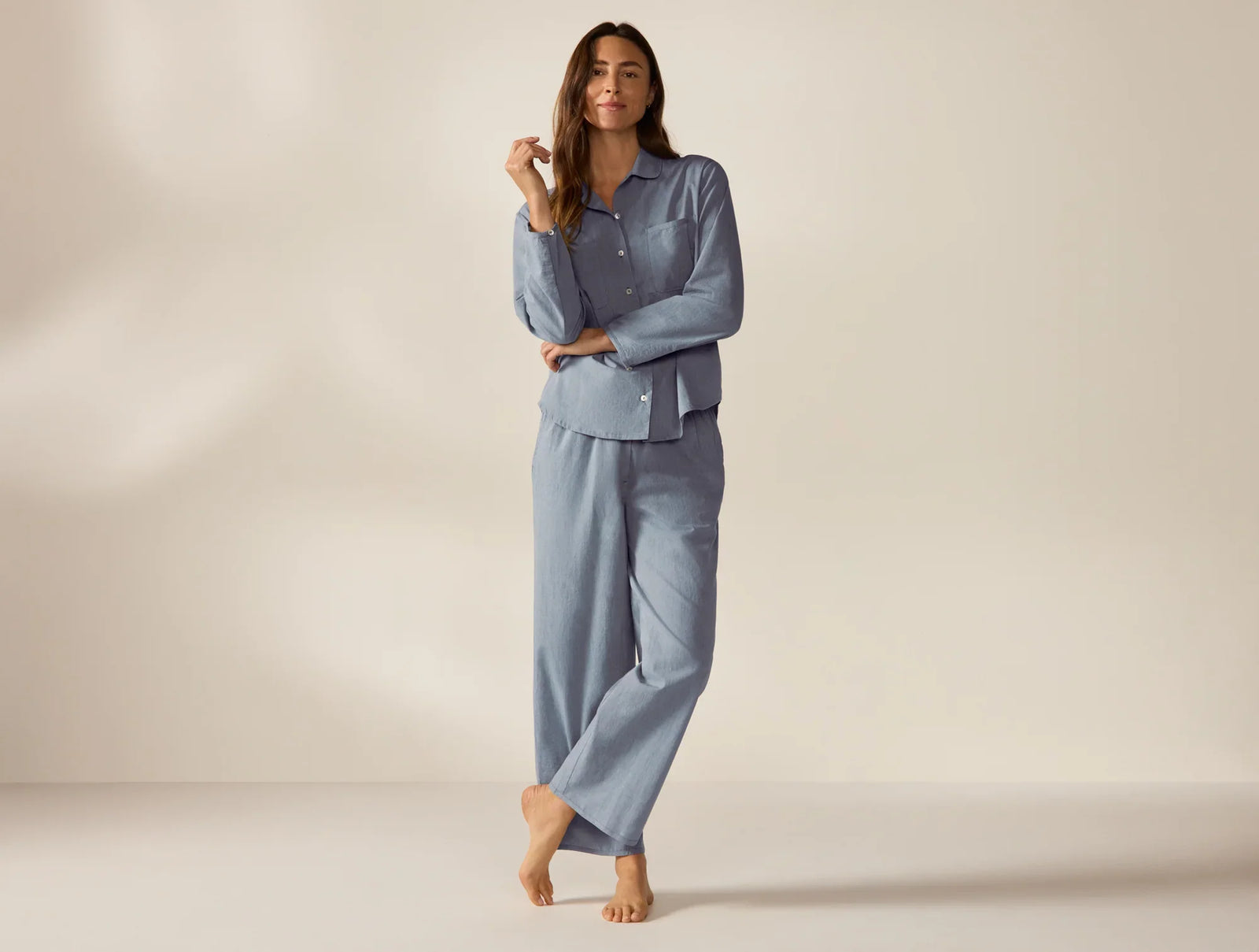 Coyuchi Large Indigo Chambray Women's Isla Organic Cotton Long Sleeve Pajama Set