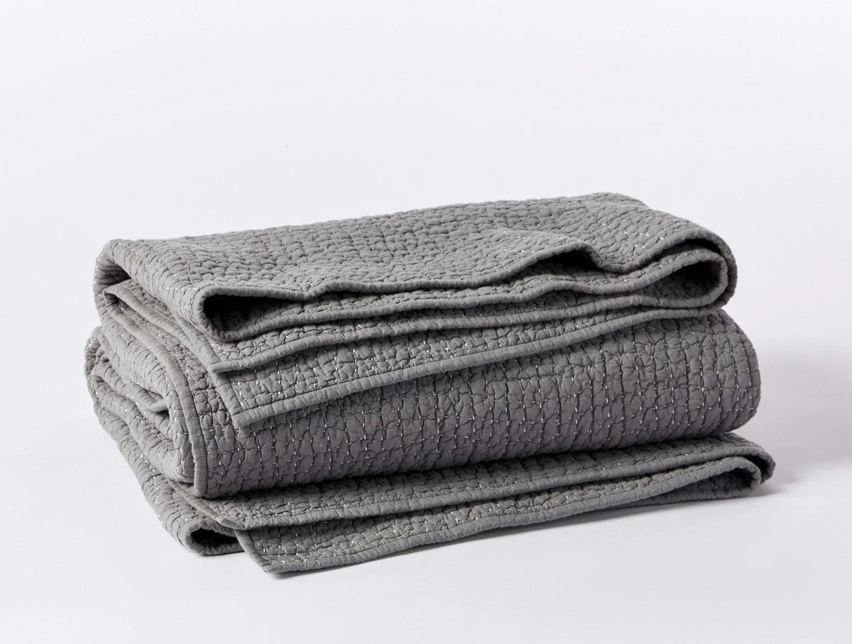 Coyuchi Full Queen Slate Pebbled Handstitched Organic Quilt